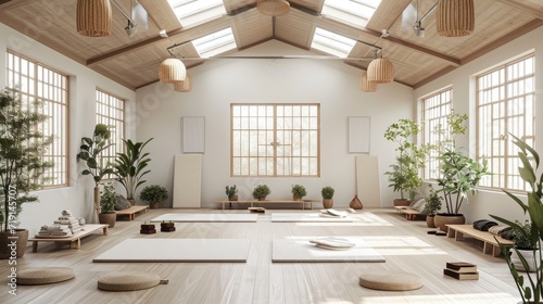 A spacious yoga studio with high ceilings, sunlit through skylights, essential yoga props like blocks  photo