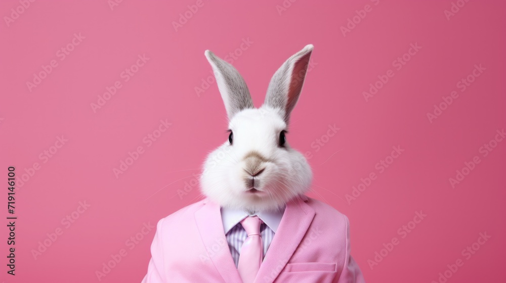 Fanny white rabbit on pink formal suit with  pink bow. Bunny businessman confident standing on pastel background.