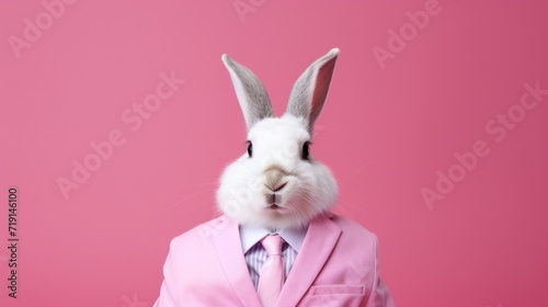 Fanny white rabbit on pink formal suit with pink bow. Bunny businessman confident standing on pastel background.