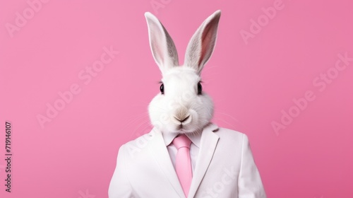 Rosy Rabbit Chic: A stylish white bunny sporting a pink jacket, poised on a clean, pastel background © Hope