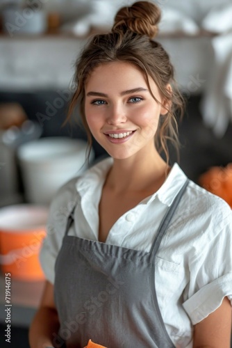 Portrait of a smiling girl from a cleaning company while cleaning the room