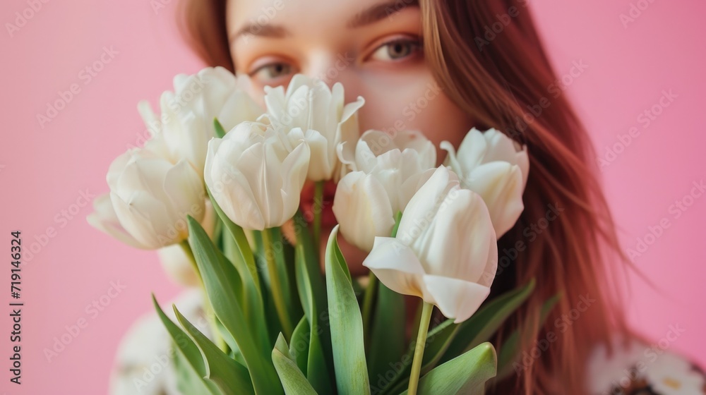 International Women's Day. Extremely happy woman in a bright white dress is smelling a bunch of spring flowers, which she is holding in her hands. International Women's Day. Extremely happy woman in a bright white dress is smelling a bunch of spring flowers, which she is holding in her hands.