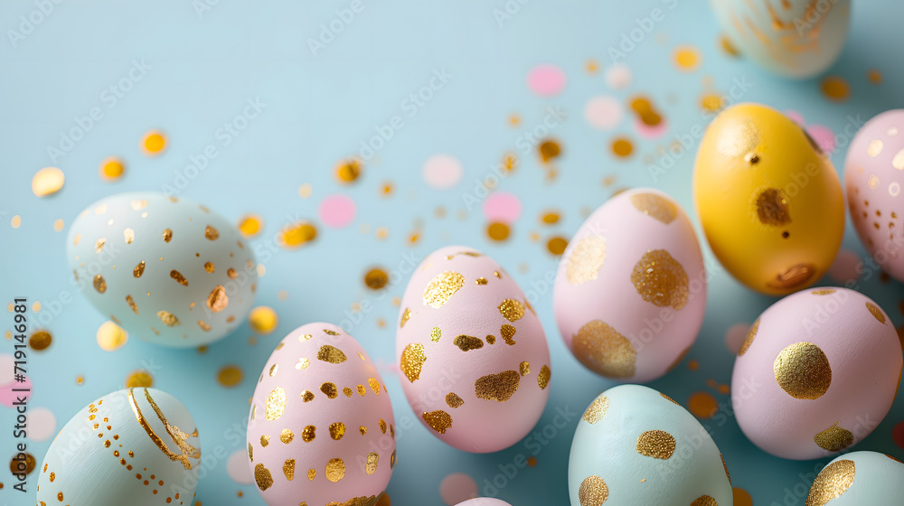 Easter festival social media background design with copy-space for text. Pastel pink and blue easter eggs with modern gold pattern and glitter on blue background.