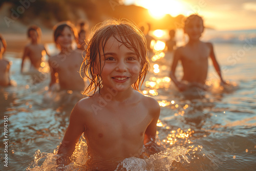 Cute children having fun in the sea on the beach in the rays of the setting sun