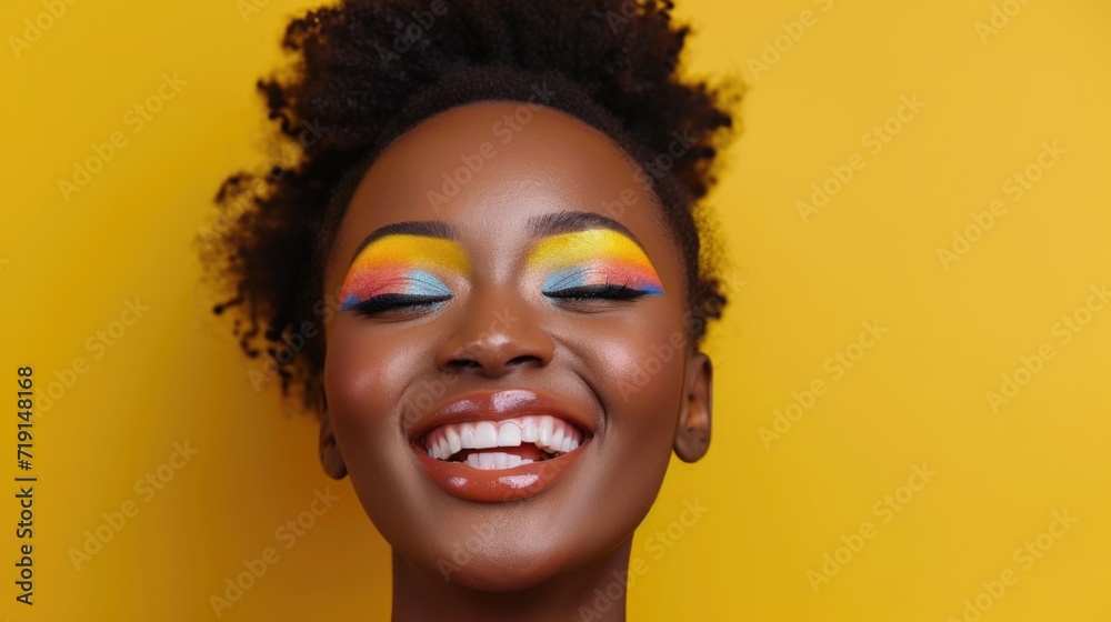 Close up of cheerful young woman with colorful makeup. Beauty portrait of female model with vivid makeup laughing on yellow background. Close up of cheerful young woman with colorful makeup. Beauty portrait of female model with vivid makeup laughing on yellow background.