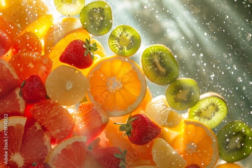 Pieces of sliced fruits containing vitamin C - kiwi  strawberries  orange in water splashes  vitamin C concept
