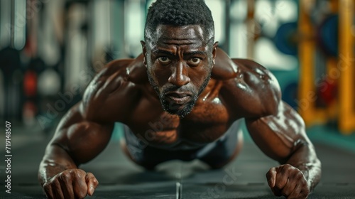 Strong and full of energy. Handsome young African man in sport clothing doing push-ups while exercising in the gym