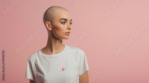 Bald young woman who is being treated for cancer stands isolated on studio background.  photo