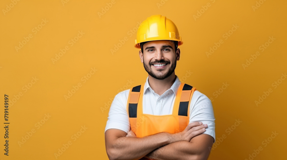 Handsome young man with protective helmet on his head and arms crossed, isolated on white background with copyspase - obrazy, fototapety, plakaty 