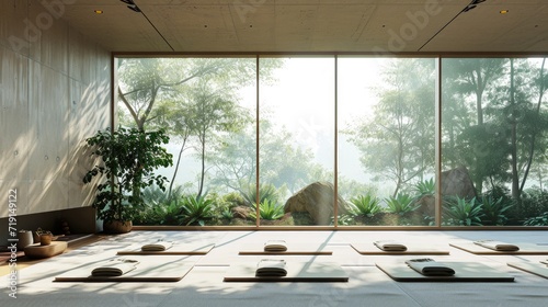 Minimalist yoga studio with a panoramic view of nature, floor-to-ceiling windows, yoga essentials like mats and straps in place photo