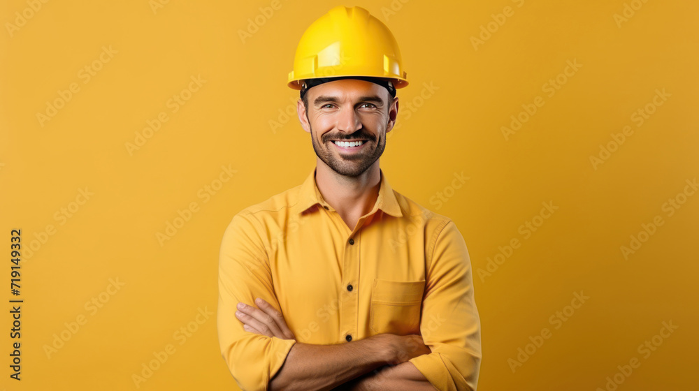 Handsome young man with protective helmet on his head and arms crossed, isolated on white background with copyspase