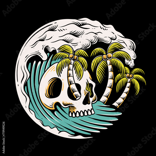 Photography skull with ocean wave, skull illustration, summer illustration, skull surfing