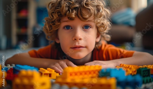 young boy playing with building blocks
