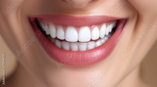 Close Up of Smiling Woman Mouth with Healthy  Beautiful  White Teeth. Dental Clinic Concept.