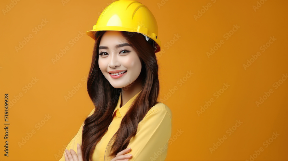 young wonman with protective helmet on his head and arms crossed, isolated on white background with copyspase young wonman with protective helmet on his head and arms crossed, isolated on white background with copyspase