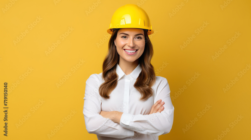 young wonman with protective helmet on his head and arms crossed, isolated on white background with copyspase young wonman with protective helmet on his head and arms crossed, isolated on white background with copyspase