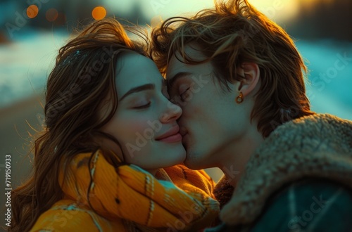 the two lovers on a road are kissing