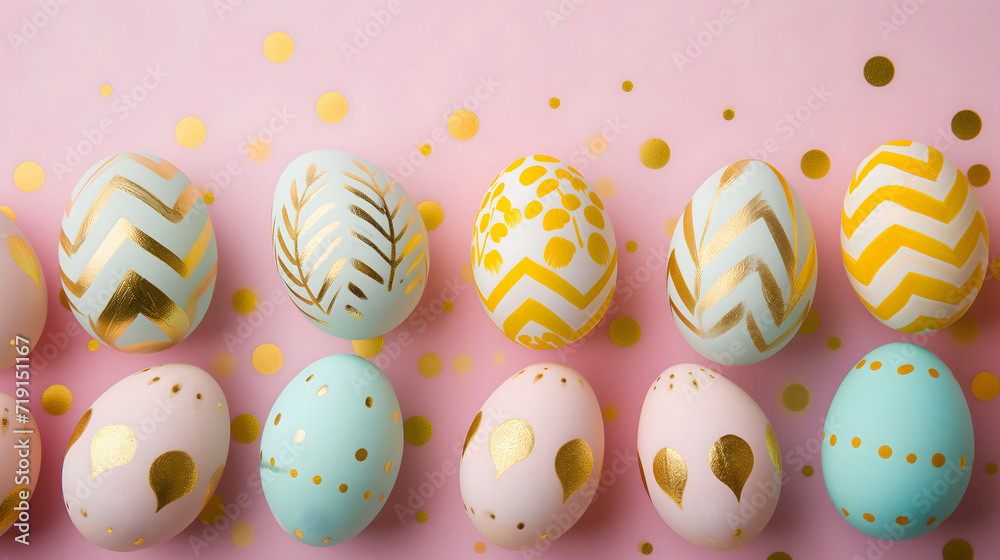 Easter festival social media background design with copy-space for text. Pastel colorful easter eggs with golden pattern on pink background and gold dots. Easter festival social media background design with copy-space for text. Pastel colorful easter eggs with golden pattern on pink background and gold dots.