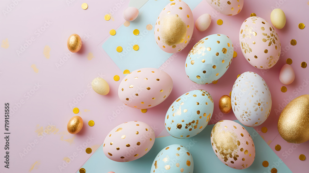 Easter festival social media background design with copy-space for text. Pastel pink and blue easter eggs with golden pattern on pink and blue background with gold dots.