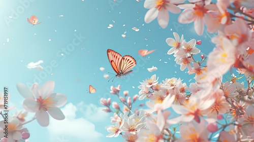A vibrant butterfly flutters among delicate white blossoms against a clear blue sky, encapsulating a serene spring moment.