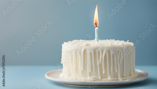 Delicious birthday cake with candle with blue background