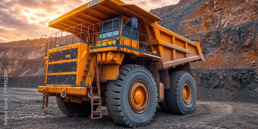Mining dump truck machine on a dirt terrain
