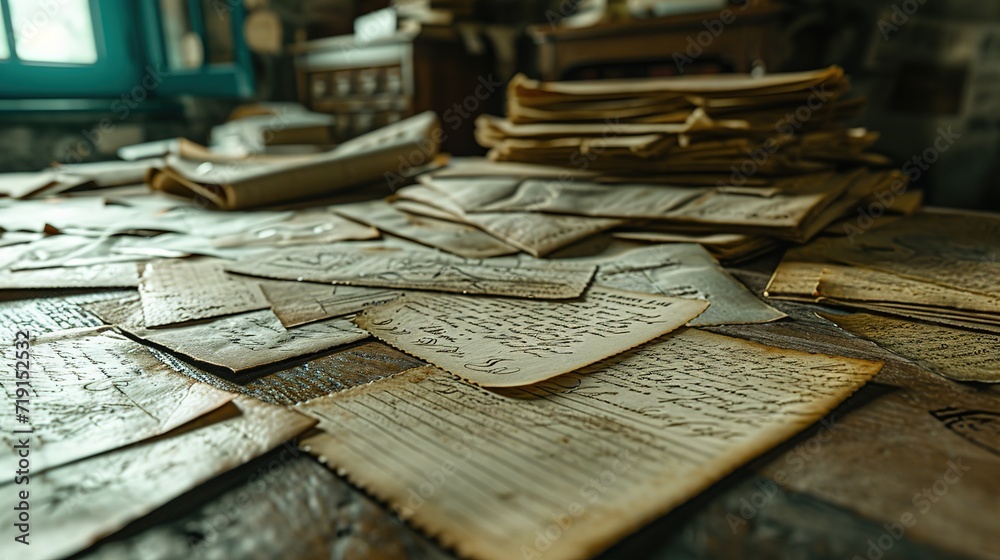 Naklejka premium Close-up view of scattered aged handwritten letters and documents on an old rustic wooden table, evoking historical correspondence.