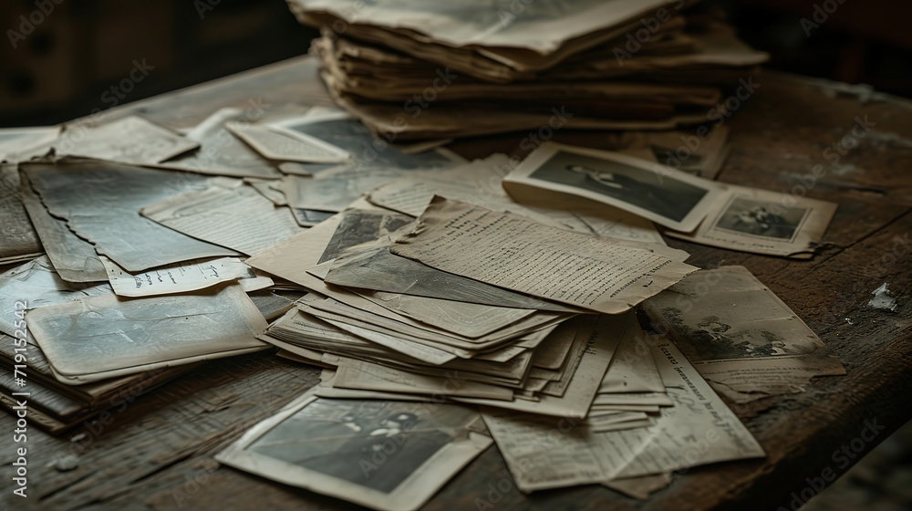 A collection of old photographs and tattered documents spread out on a vintage wooden desk, telling stories of the past. - obrazy, fototapety, plakaty 
