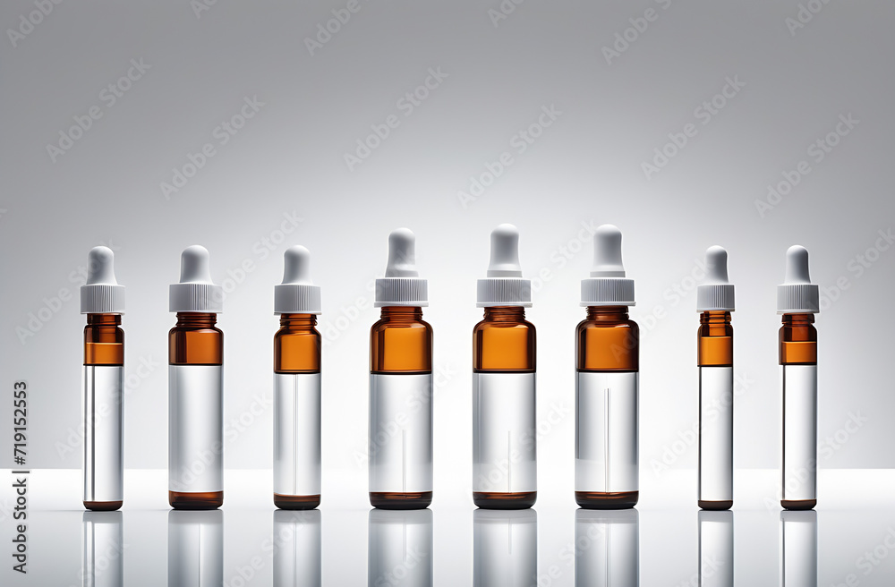 Set collection row of various brown medicine pill glass pipette dropper bottle with blank copyspace pure white without inscriptions, without text, without words, label design pattern without isolated Set collection row of various brown medicine pill glass pipette dropper bottle with blank copyspace pure white without inscriptions, without text, without words, label design pattern without isolated