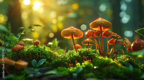 A magical scene of vibrant mushrooms and lush moss basking in the ethereal glow of a sunlit forest, creating a dreamlike atmosphere.