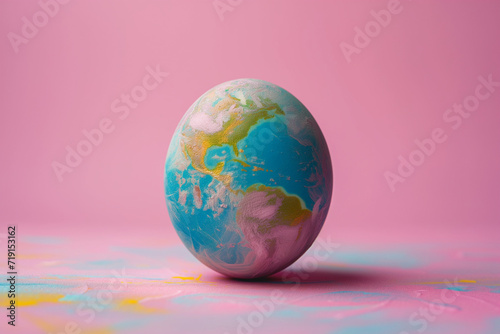 A captivating image showcasing an Easter egg transformed into a miniature Earth globe through skillful painting, symbolizing global unity and celebration during the festive season. 