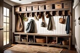 A rustic mudroom with built-in storage cubbies, a vintage bench, and a salvaged wood coat rack, combining practicality and style for organizing outdoor essentials.