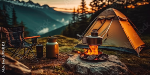 camping in the mountains, camping in the night, Camp fire and tea pot, tent and mountains
