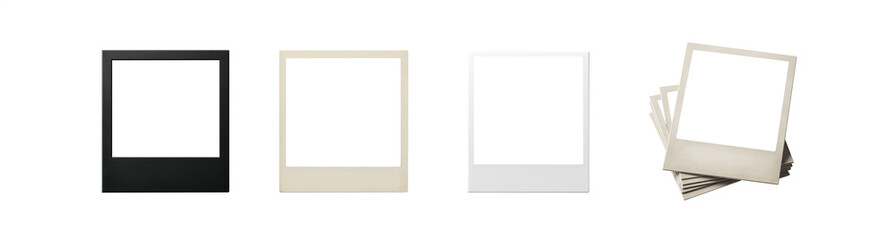 Set of old instant print photographs. Polaroid retro photograph frames. Transparent pen tool cutout background. Classic photography concept. Isolated with a hole for your picture - set 1