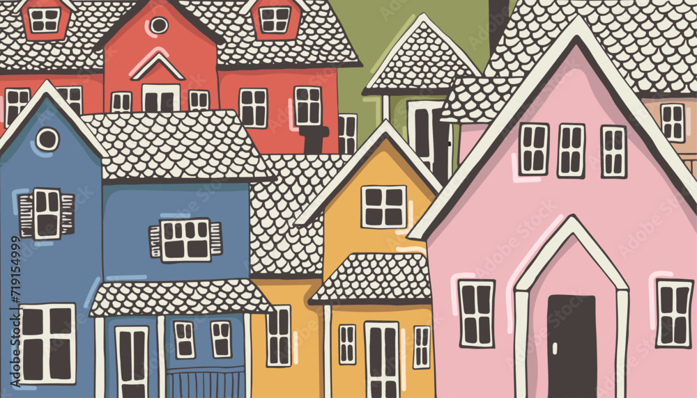 Background with houses, colorful buildings, cute town landscape