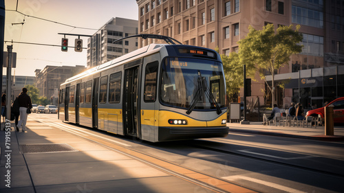 Modern tram on city street at sunset with urban architecture © thodonal