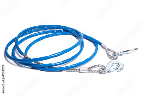 steel car tow rope with hooks in blue braid isolated on white background