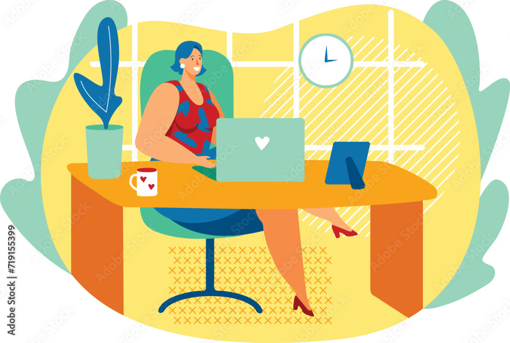 Professional woman working at home office desk with laptop, comfortable casual attire. Freelance female with blue hair enjoying remote job, modern workspace with plant and clock.