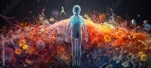 Abstract human microbiome background banner - Close up of man and microbes viruses, bacteria and mushrooms, genetic material texture, intestinal flora, microflora