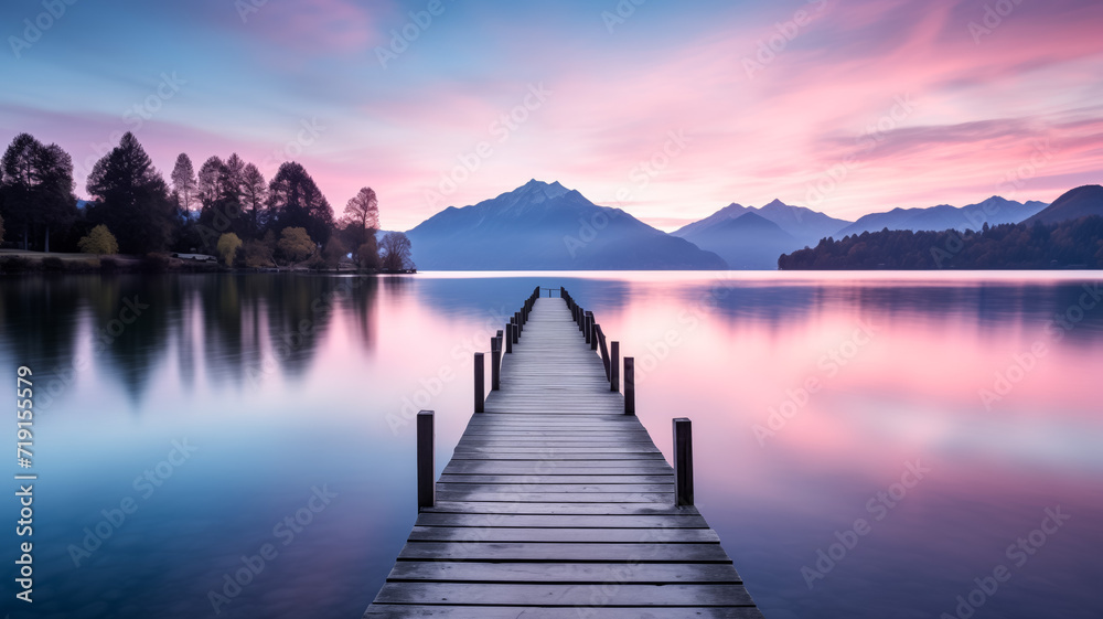 Serene lake at sunset with wooden pier and mountain backdrop