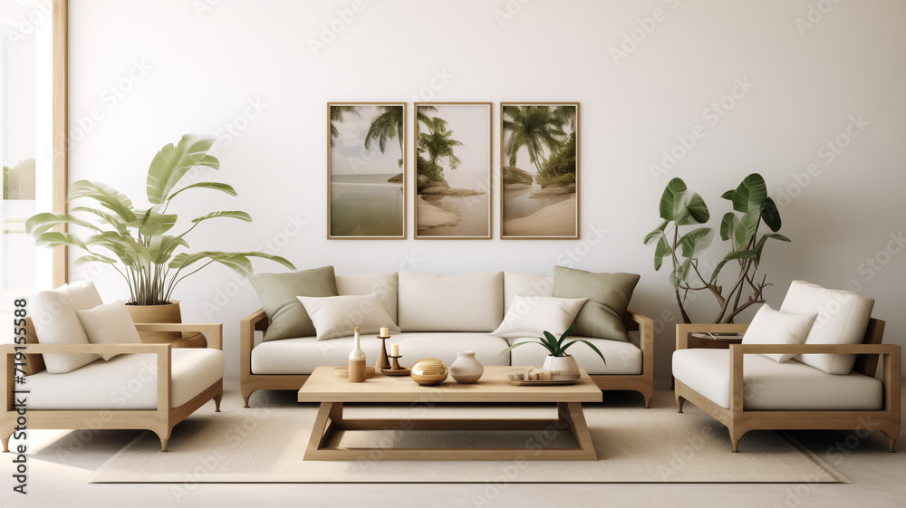 Elegant living room interior with beach triptych wall art - obrazy, fototapety, plakaty 
