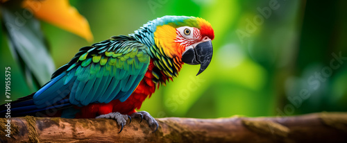 Close-up of a macaw parrot in lush green tropical environment