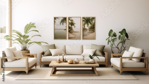 Elegant living room interior with beach triptych wall art photo