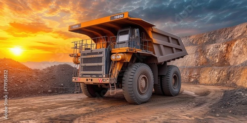 Mining dump truck machine on a dirt terrain photo