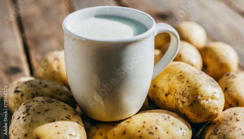 Alternative plant milk. Modern composition with a cup with potato milk that balances on a pile of potatoes2 - Copy.jpg photo