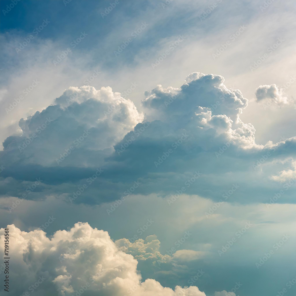 Beautiful blue sky and cumulus clouds abstract background. Cloudscape background. Blue sky and fluffy clouds. World Ozone Day. Ozone layer. Overcast clouds. Peaceful and tranquil. Dramatic sky.