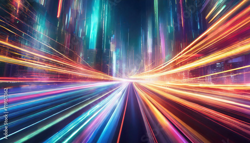 Cyberpunk light trails in motion or light slow shutter effect. Acceleration speed motion on night road. Bright sparkling background. Panoramic high speed technology concept, light abstract background