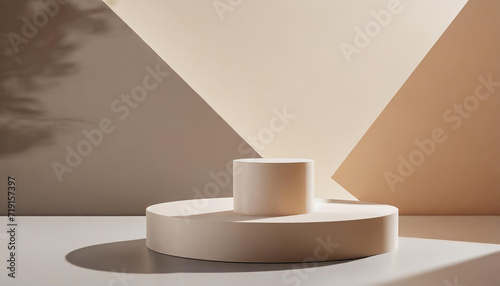 Cylinder abstract minimal scene with geometric platform. Summer background vector 3d rendering with podium. stand to show cosmetic products. Stage showcase on pedestal modern 3d studio beige pastel