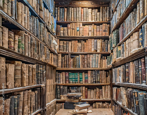 A wall full of Old ancient books of a library, holding many historical books and manuscripts