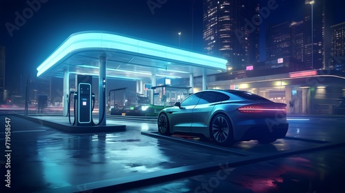 Electric car charging at a gas station in the city, industrial landscape, neon elements, healthy environment without harmful emissions. Eco concept.  photo
